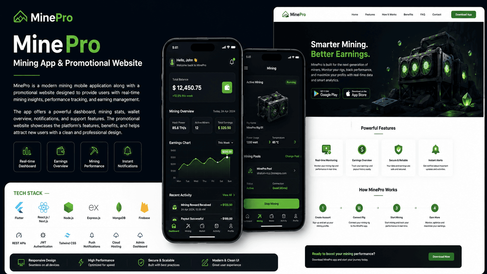 MinePro mining mobile app and website preview